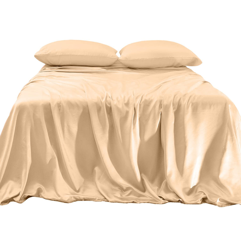 Elegant Comfort Luxurious 4-Piece Silky Satin Sheet Set, Skin And Hair Friendly, Wrinkle, Fade, Stain Resistant With Deep Pockets Fitted Sheet, Cooling Soft Satin Sheet Set, Cali King, Champaign