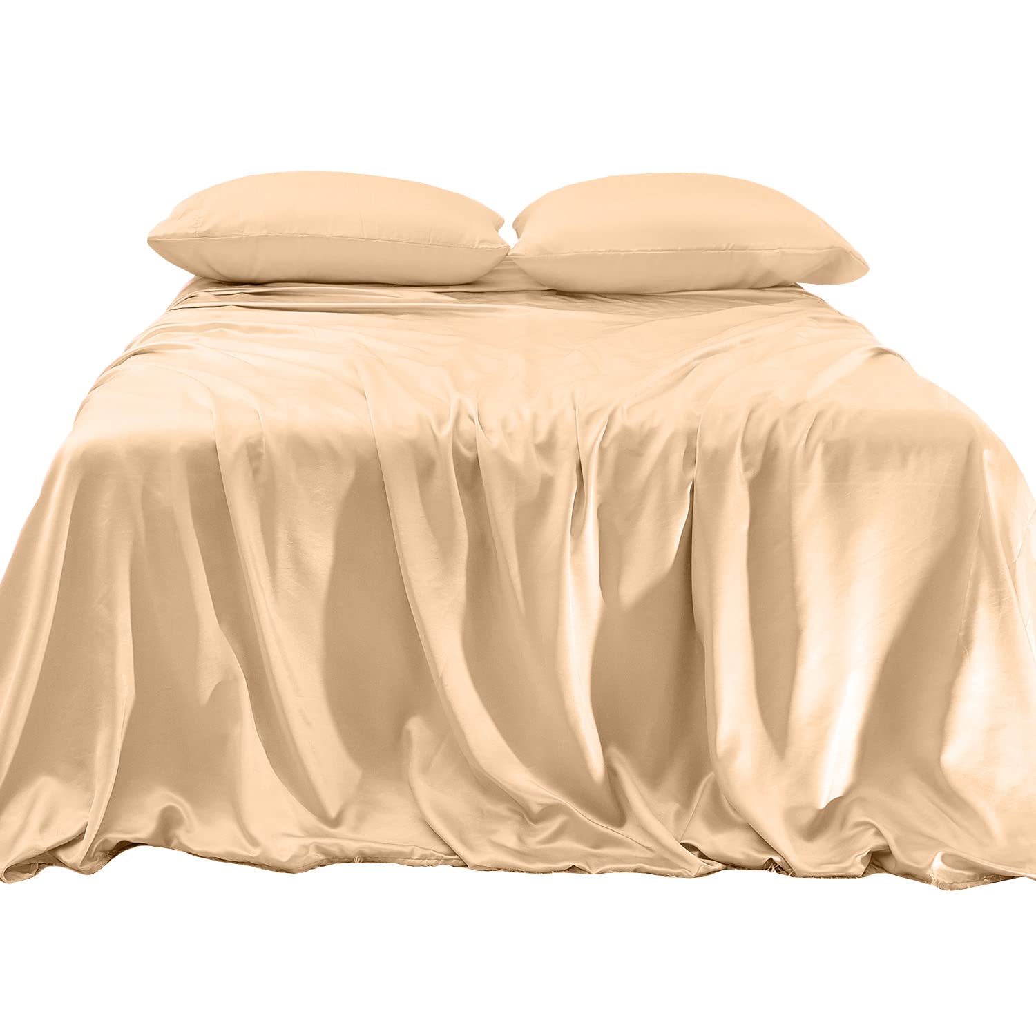 Elegant Comfort Luxurious 4-Piece Silky Satin Sheet Set, Skin And Hair Friendly, Wrinkle, Fade, Stain Resistant With Deep Pockets Fitted Sheet, Cooling Soft Satin Sheet Set, Cali King, Champaign