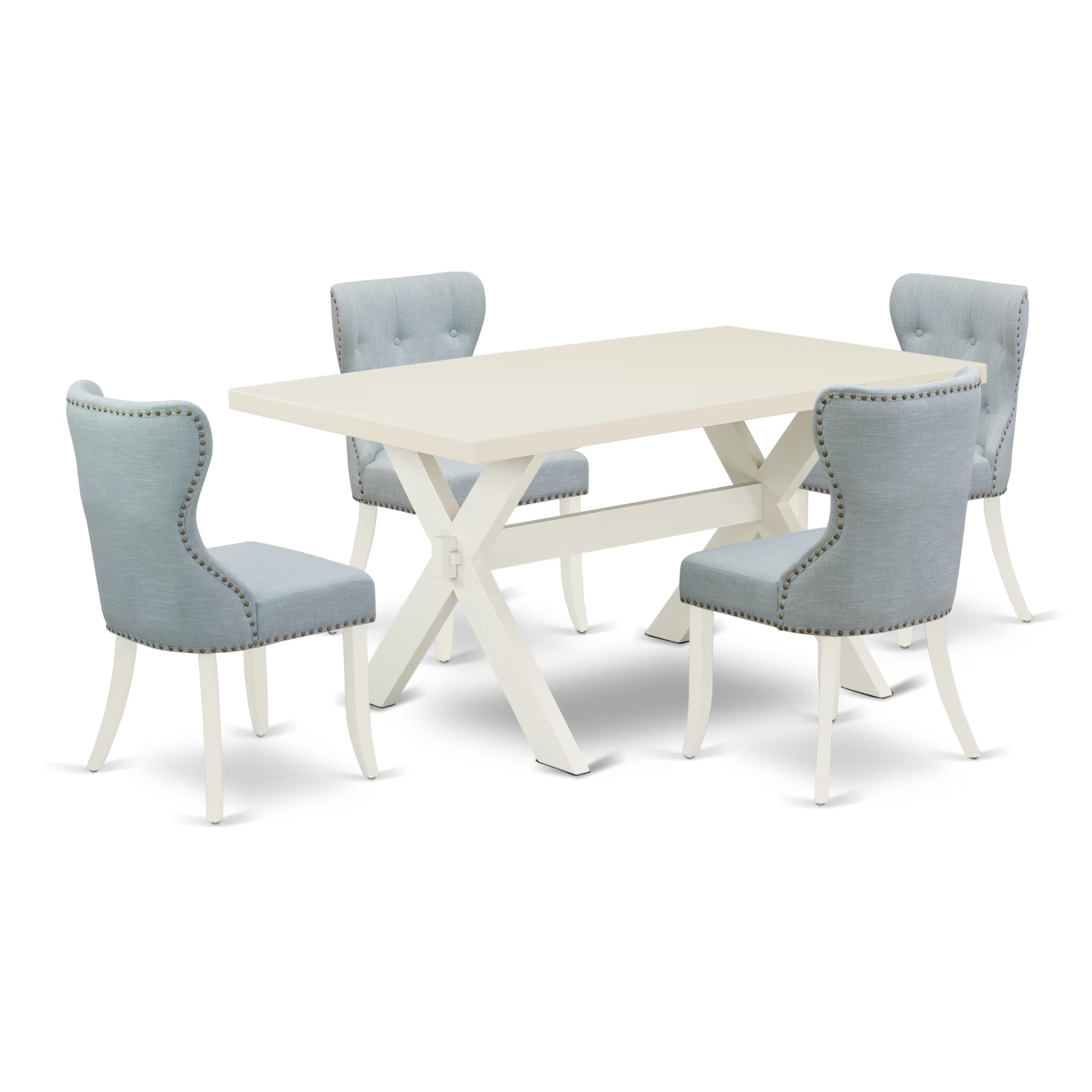 East West Furniture X026Si215-5 5 Piece Dining Room Furniture Set Includes A Rectangle Dining Table With X-Legs And 4 Baby Blue Linen Fabric Upholstered Chairs, 36X60 Inch, Multi-Color