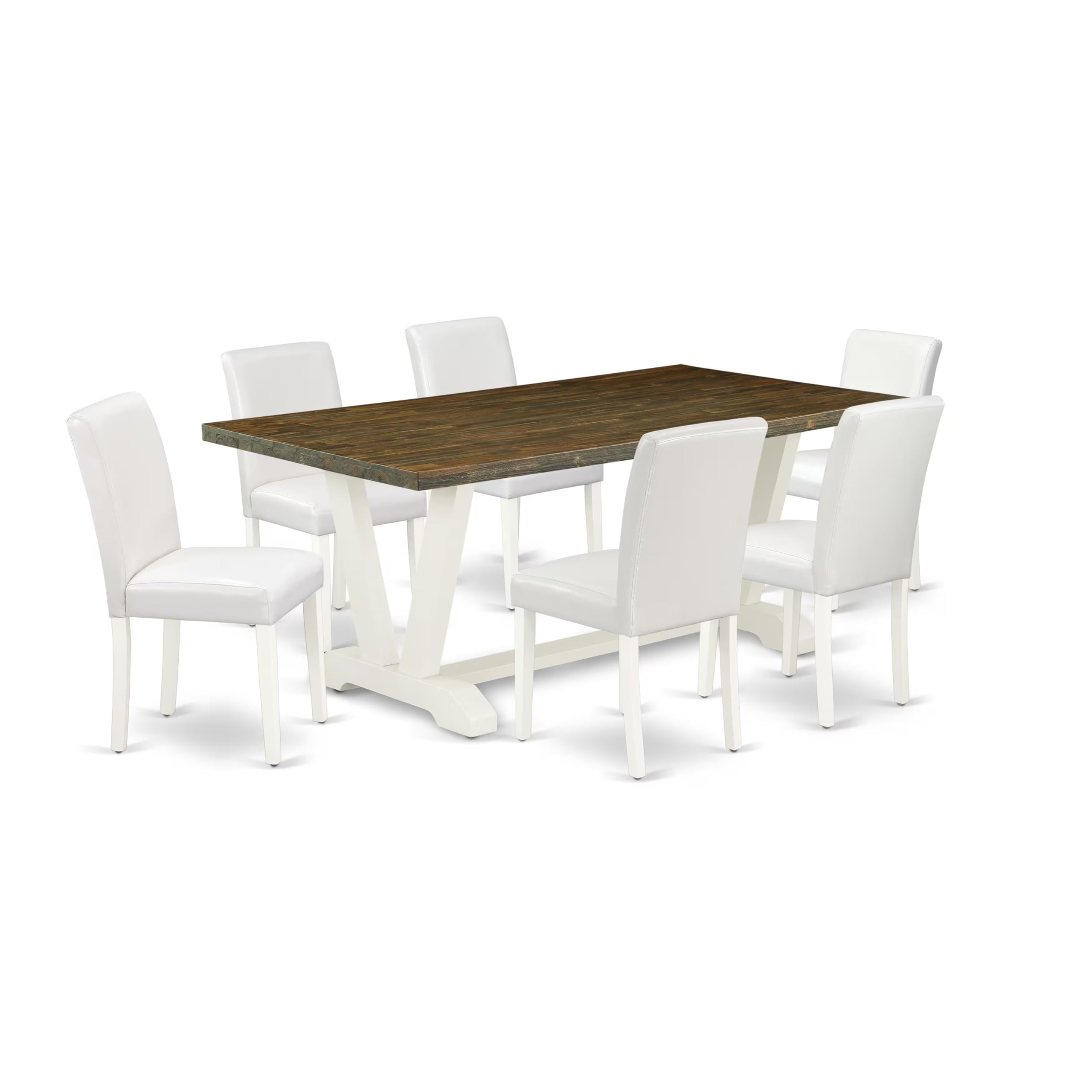 East West Furniture V077Ab264-7 7 Piece Kitchen Table Set Consist Of A Rectangle Dining Table With V-Legs And 6 White Faux Leather Parson Dining Chairs, 40X72 Inch, Multi-Color