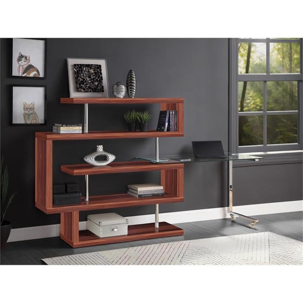 Acme Buck II Glass Top Writing Desk in Chrome and Walnut High Gloss
