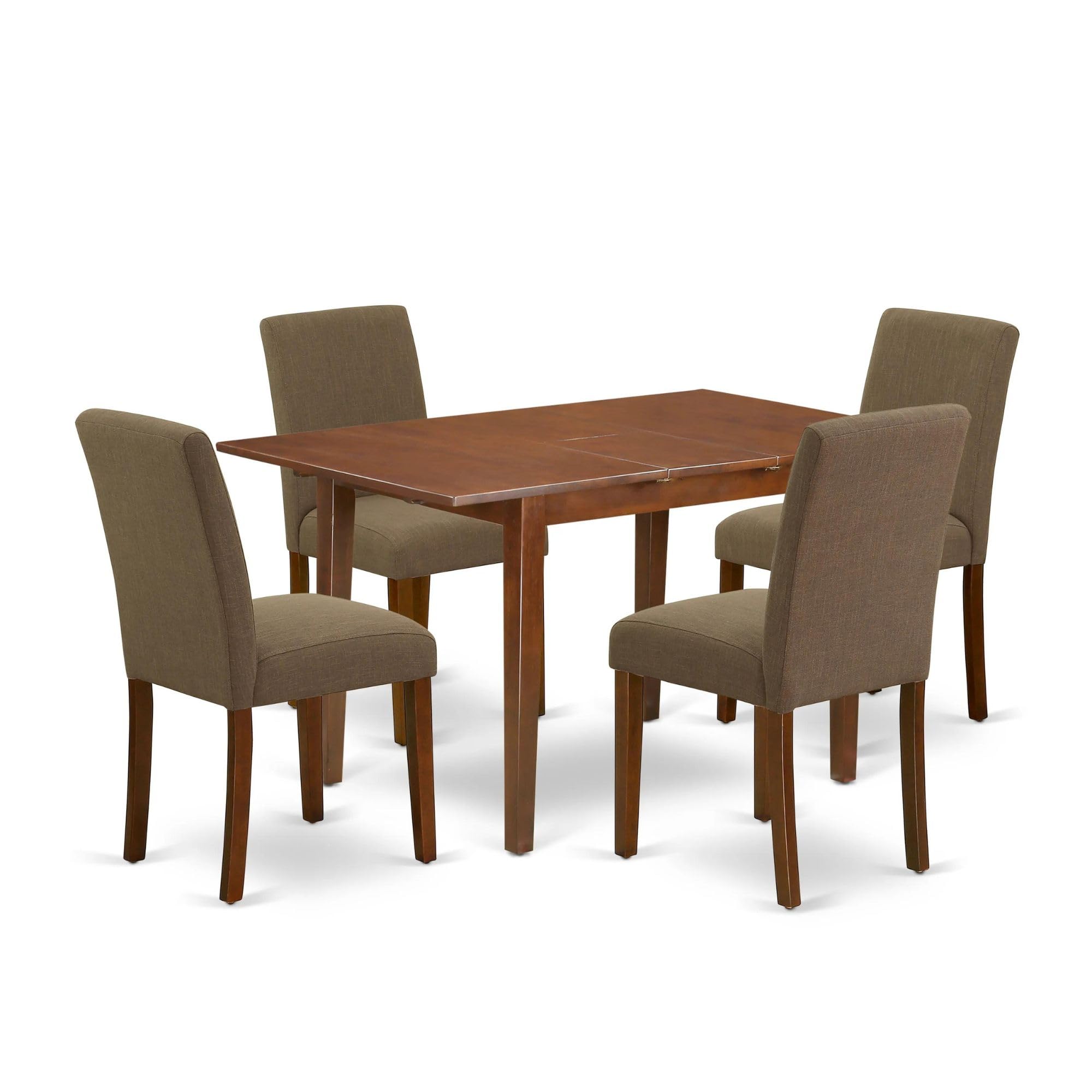 East West Furniture Psab5-Mah-18 5 Piece Modern Dining Table Set Includes A Rectangle Wooden Table With Butterfly Leaf And 4 Coffee Linen Fabric Parson Chairs, 32X60 Inch, Mahogany