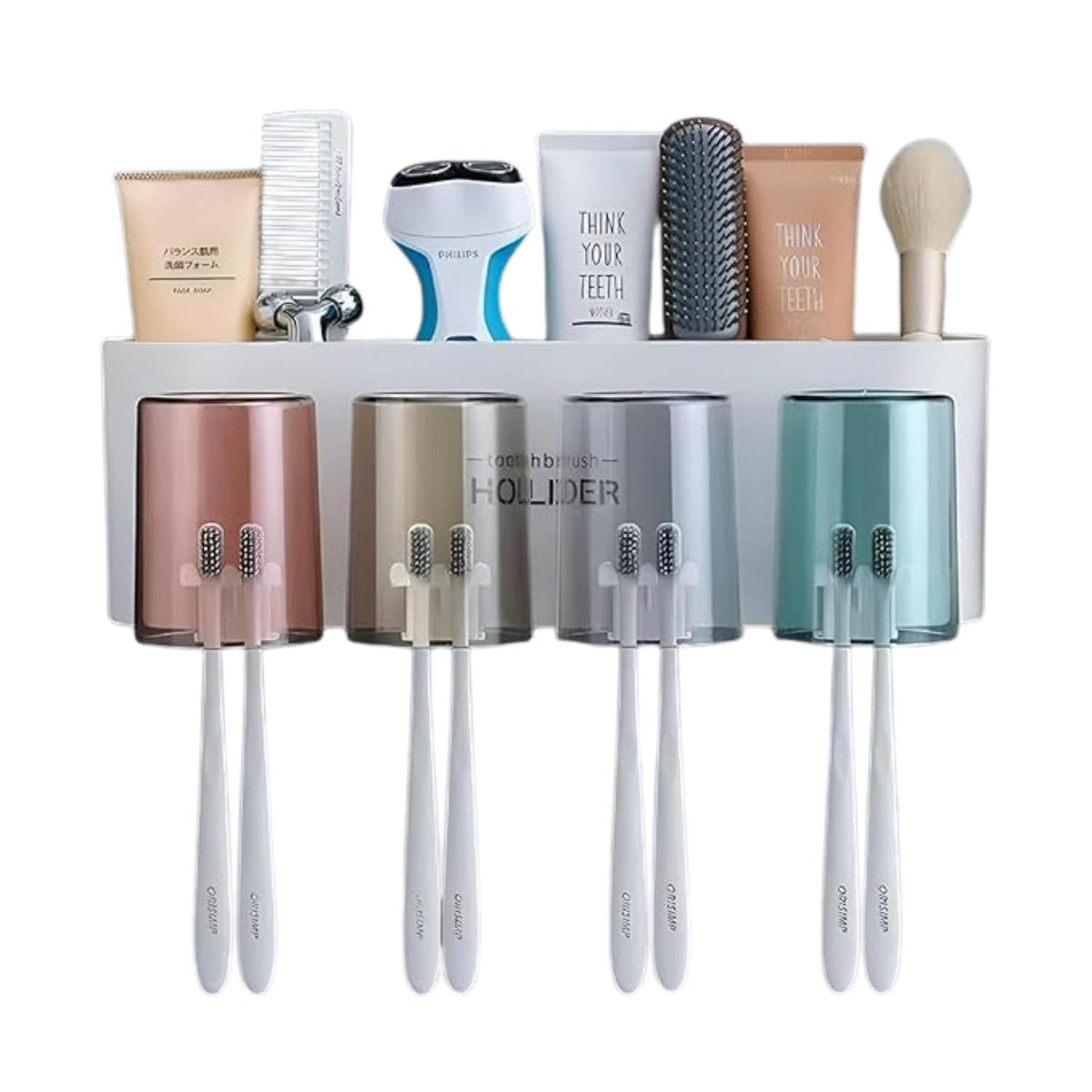VEXORA Toothbrush Holder Wall Mounted for Bathroom | 4 Cup Toothbrush Stand with Toothpaste Holder | Space Saving Bathroom Organ
