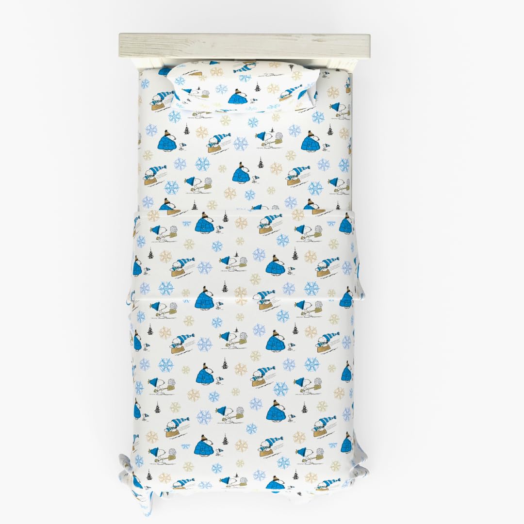 Franco Peanuts Snoopy Puffer Coat Holiday Bedding Super Soft 100% Cotton Flannel Sheet Set, Twin, (Officially Licensed Product)