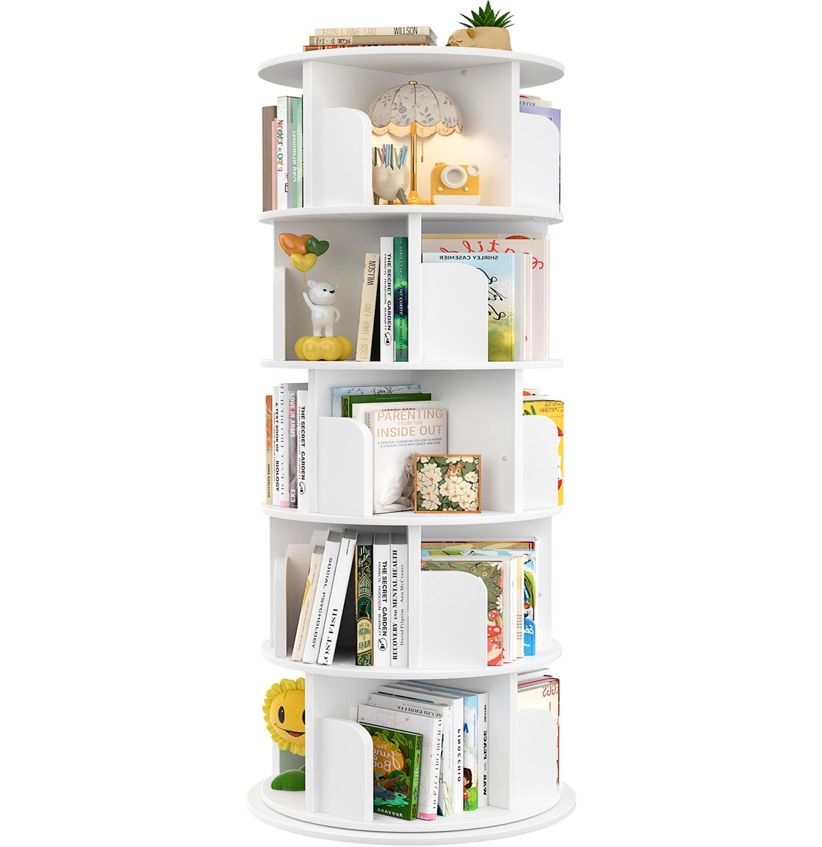 Aheaplus Rotating Bookshelf, 360 Display Wood Spinning Bookshelf Tower, 5 Tier Floor Standing Bookcase Storage Rack, Revolving B