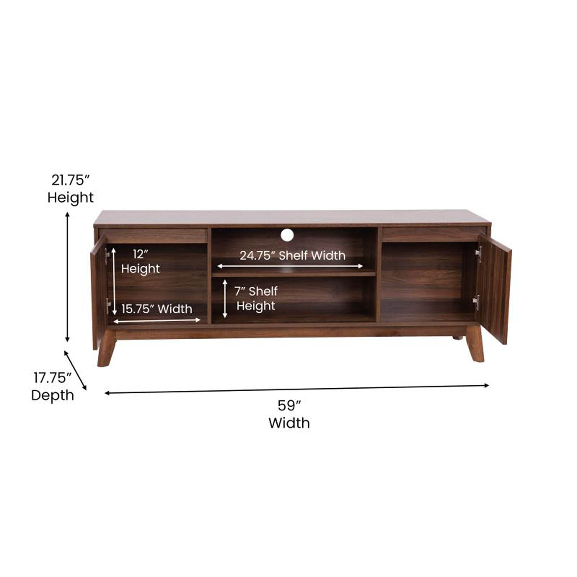 Flash Furniture Hatfield Mid-Century Modern TV Stand For up to 64 inch TV's - Walnut Laminate Finish - 60 Inch Media Center - Adjustable Center Shelf-Soft Close Doors