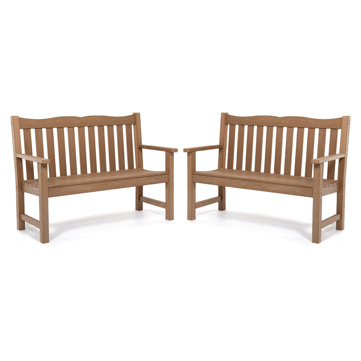 Outdoor Benches Set Of 2, 2-Person Poly Lumber Garden Bench, Never Rot Or Fade, Looks Like Real Wood, Teak