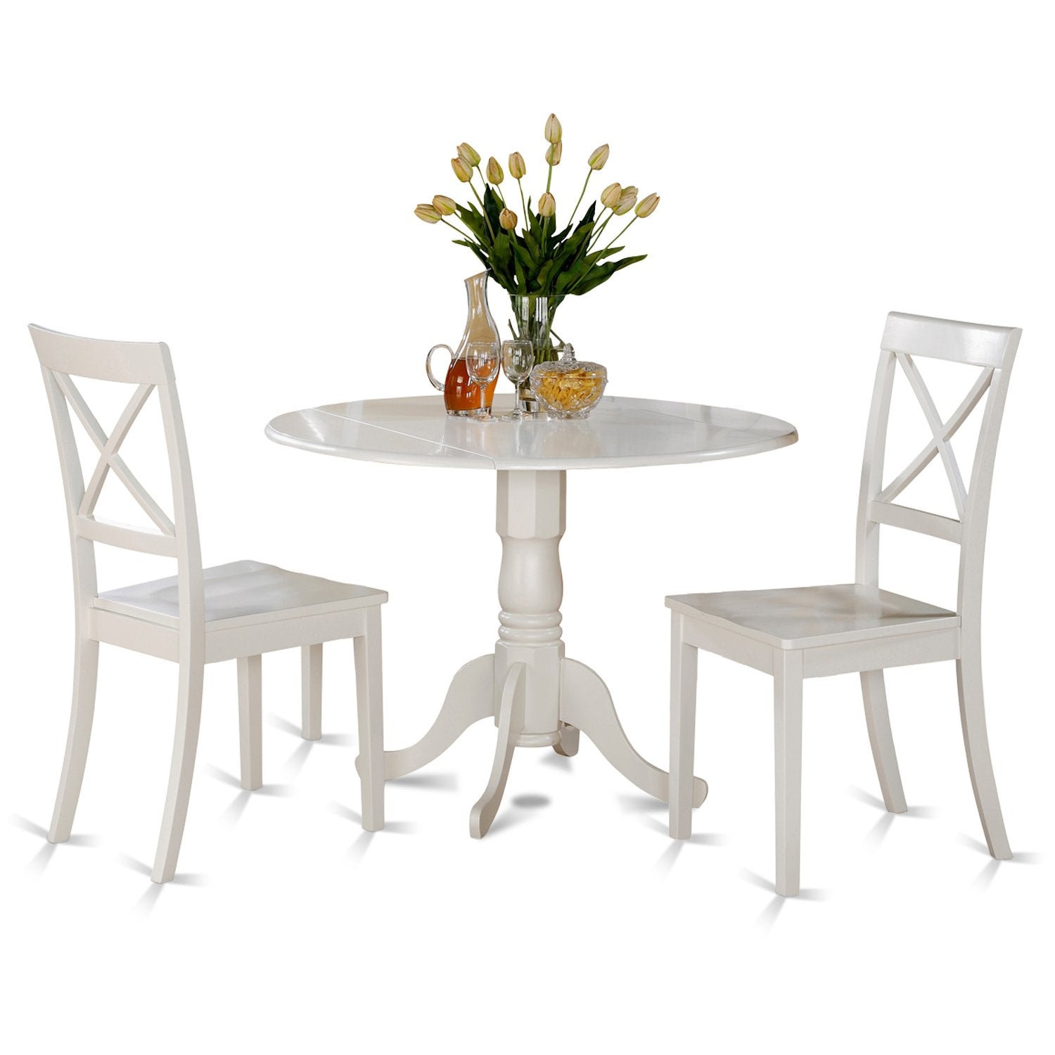 East West Furniture Dlbo3-Whi-W 3 Piece Dining Room Table Set Contains A Round Kitchen Table With Dropleaf And 2 Dining Chairs, 42X42 Inch, Linen White