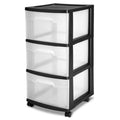 Sterilite 3 Drawer Storage Cart, Plastic Rolling Cart with Wheels to Organize Clothes in Bedroom, Closet, Black with Clear Drawe