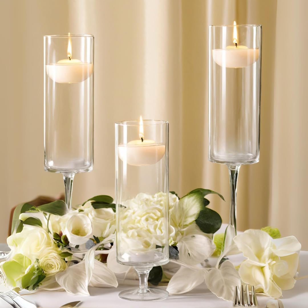 Koyal Wholesale Pillar Candle Hurricane Pedestal Holders, Tall Glass Candle Holders, Wedding Hurricanes Set Of 3