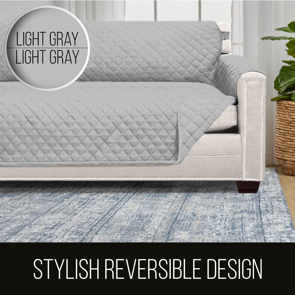 Sofa Shield Patented Couch Cover, Large Furniture Protector With Straps, Reversible Tear And Stain Resistant Slipcovers, Quilted Microfiber 62” Seat, Washable Covers For Dogs, Kids, Light Gray