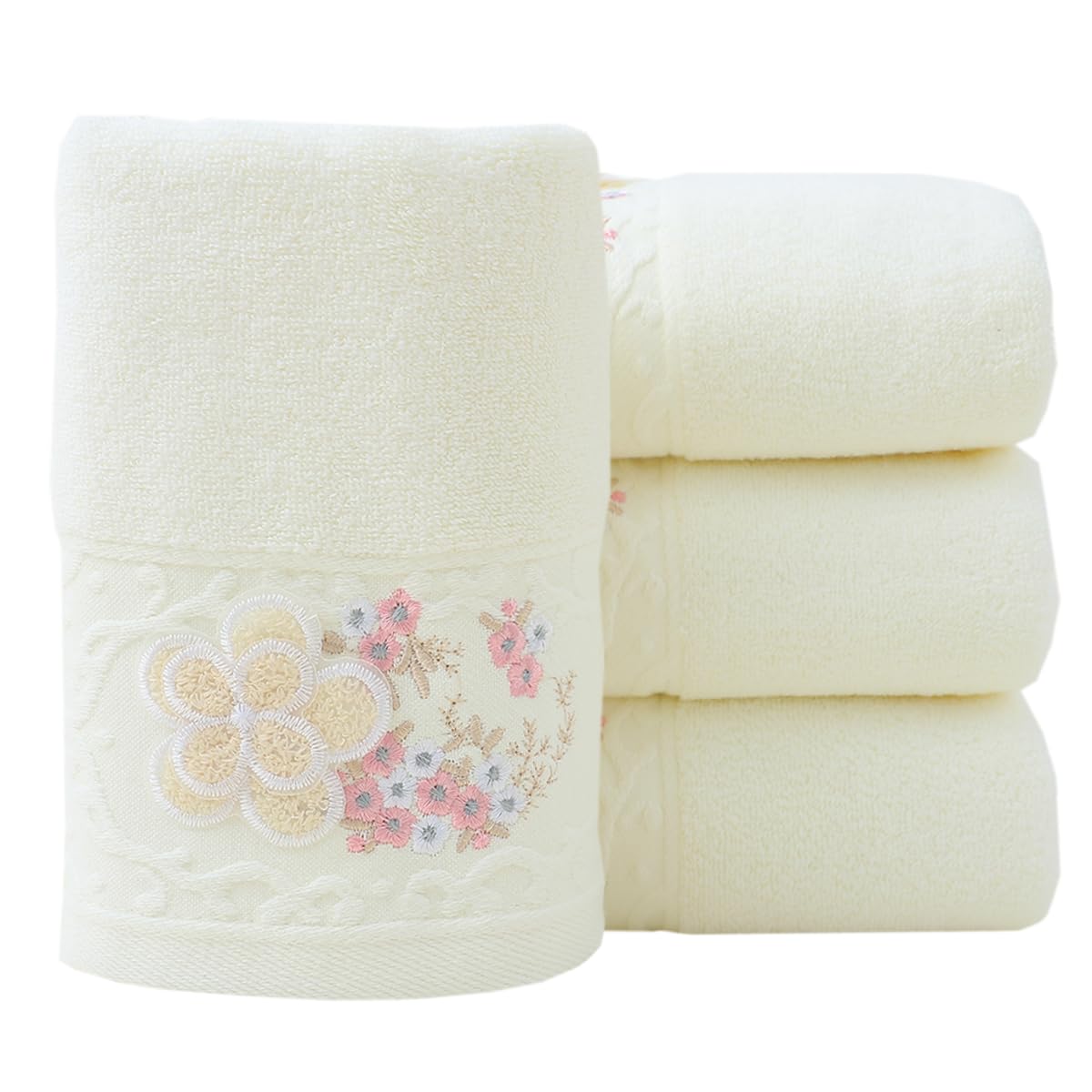 Pidada Hand Towels Set of 4 Embroidered Floral Pattern 100% Cotton Absorbent Soft Decorative Towel for Bathroom (Ivory)