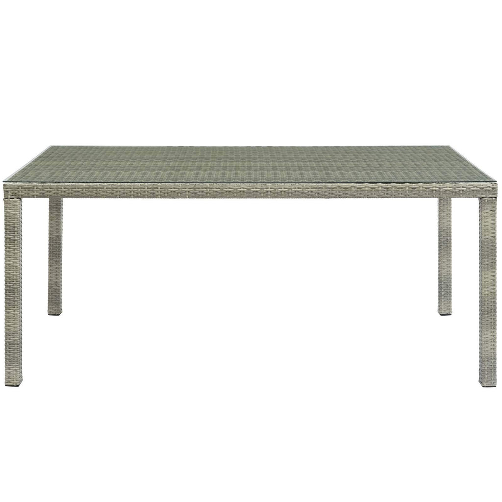Modway Conduit Wicker Rattan Glass Outdoor Patio 70" Rectangular Dining Table in Light Gray