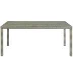 Modway Conduit Wicker Rattan Glass Outdoor Patio 70" Rectangular Dining Table in Light Gray