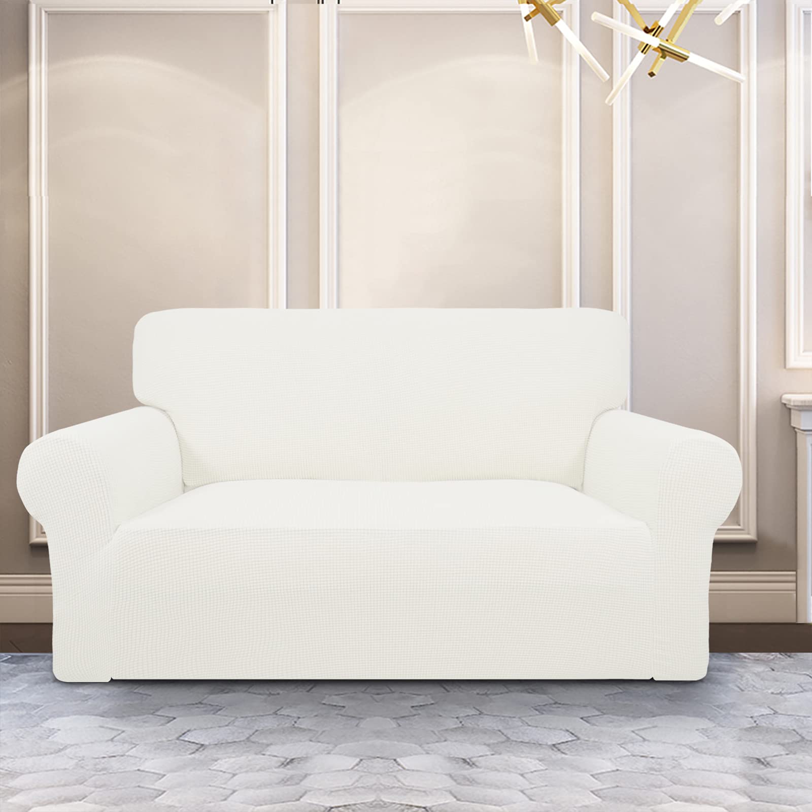 Purefit Stretch Loveseat Sofa Slipcover – Spandex Jacquard Non Slip Soft Couch Sofa Cover, Washable Furniture Protector With Non Skid Foam And Elastic Bottom For Kids (Loveseat, Cream)