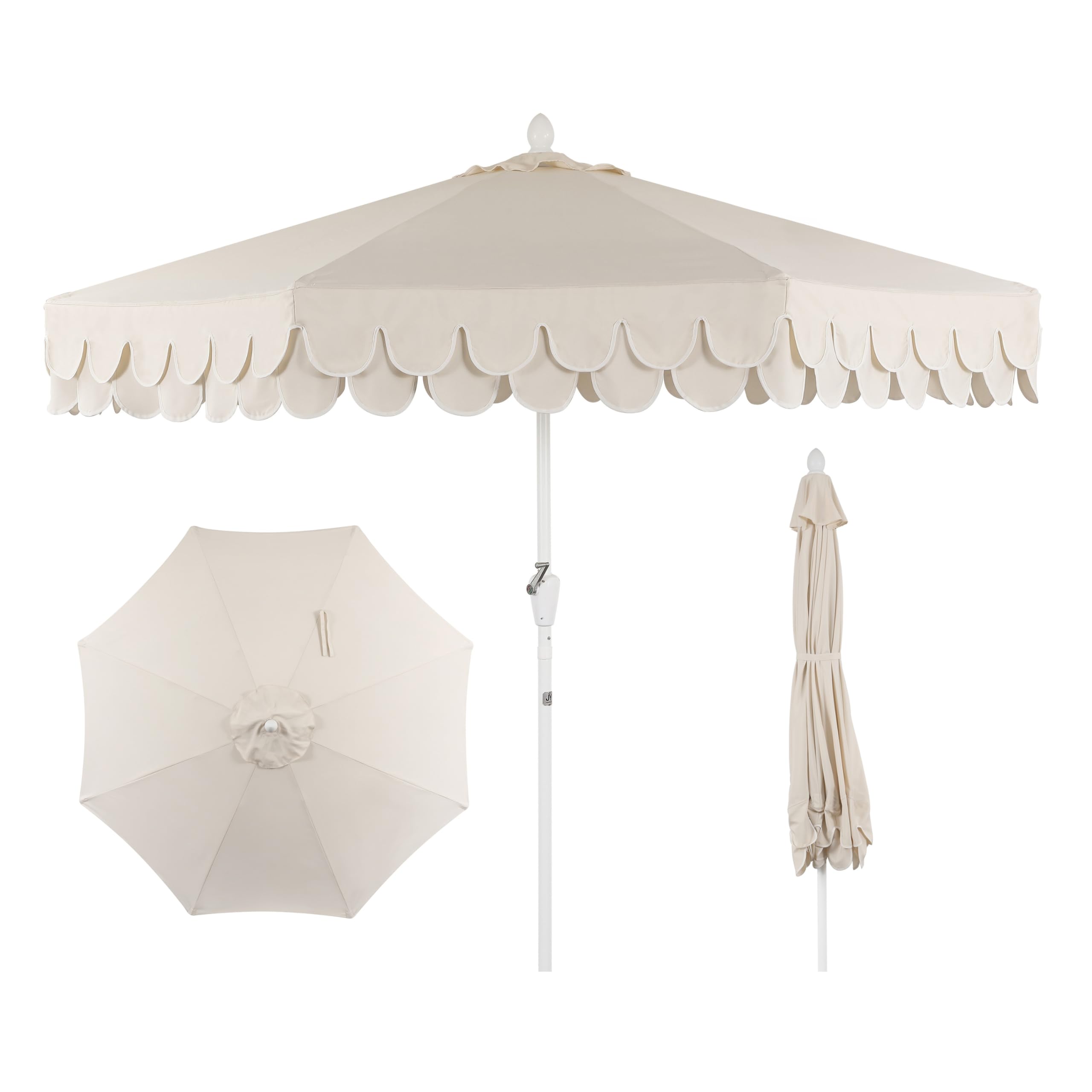 JONATHAN Y UMB1002C Tracy 9 ft. Classic MidCentury Scalloped Fringe Market Patio Umbrella with Auto-Tilt, Crank, Wind Vent and U