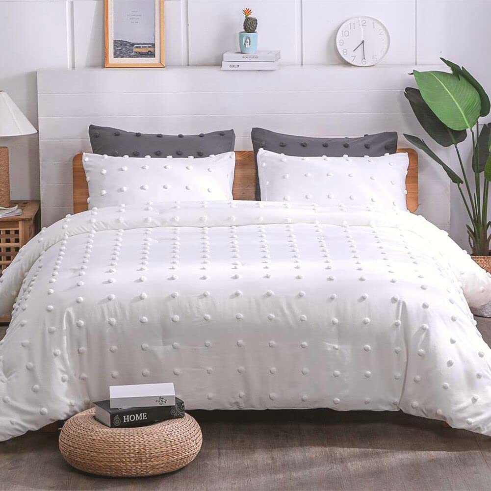 Paxrac Tufted White Full Comforter Set (80X90 Inches), 3 Pieces- Soft Cotton Jacquard Lightweight Comforter With 2 Pillowcases,