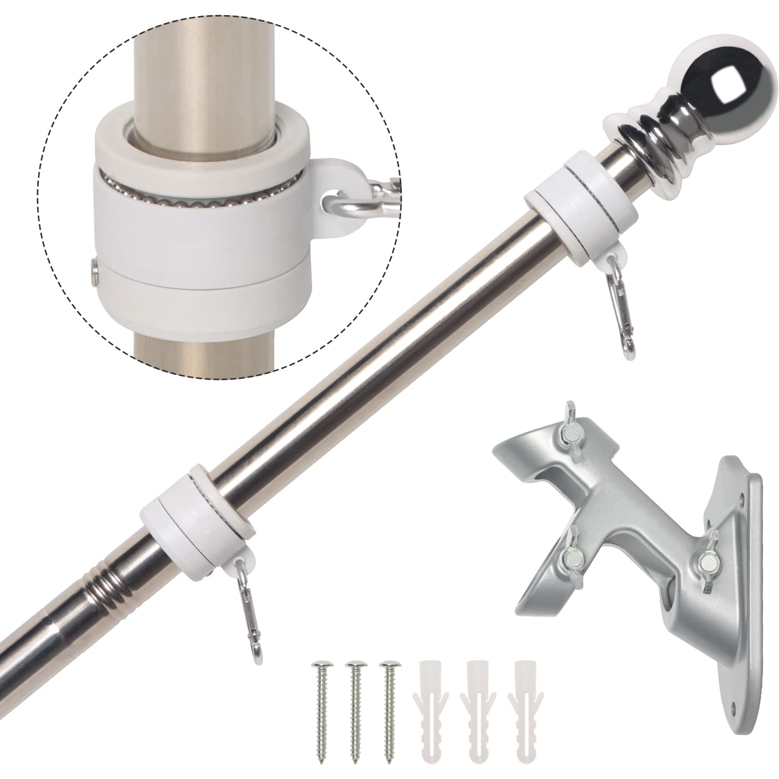 Nelxinjo 6Ft Flag Pole With Bracket, Professional Stainless Steel No Tangle Spinning Pole And Flag Pole Kit With Bracket For Res