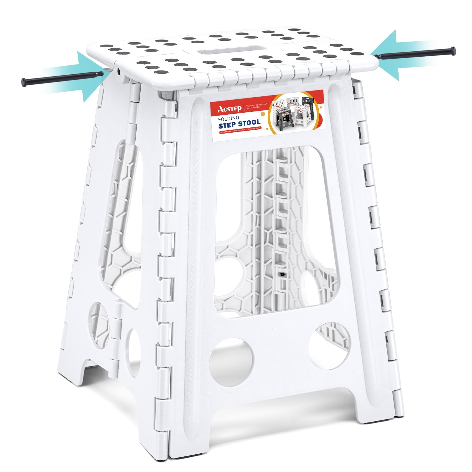 Acstep Folding Step Stool 17.5 Inch Heavy Duty Step Stool Foldable For Adults And Kids, Collapsible Stepping Stool With Handle, Non Slip Folding Stools For Kitchen Hold Up To 400Lbs (White 1Pc)