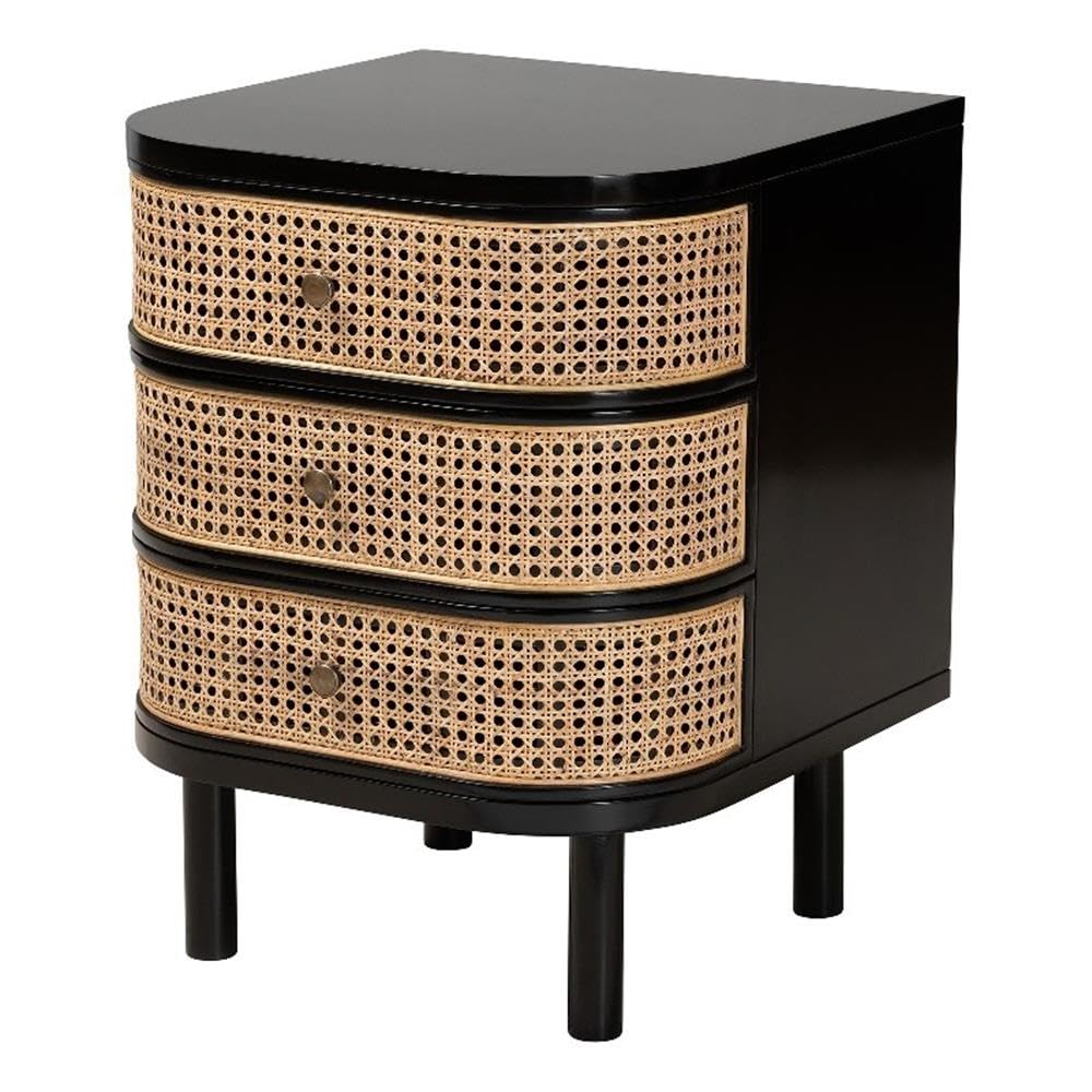 Baxton Studio Nabila Modern Bohemian Black Bayur Wood and Natural Rattan 3-Drawer End Table Nightstand Black/bayur Wood