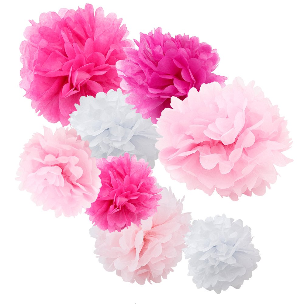 WYZworks Set of 8 (Assorted Pink and White Color Pack) 8 12 14 DIY Tissue Pom Poms Flower Party Decorations for Weddings, Birthd