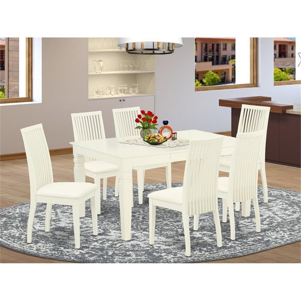East West Furniture WEIP7-WHI-C 7Pc Dinette Set Includes a Rectangular Kitchen Table with Butterfly Leaf and Six Linen Seat Dining Chairs, White Finish