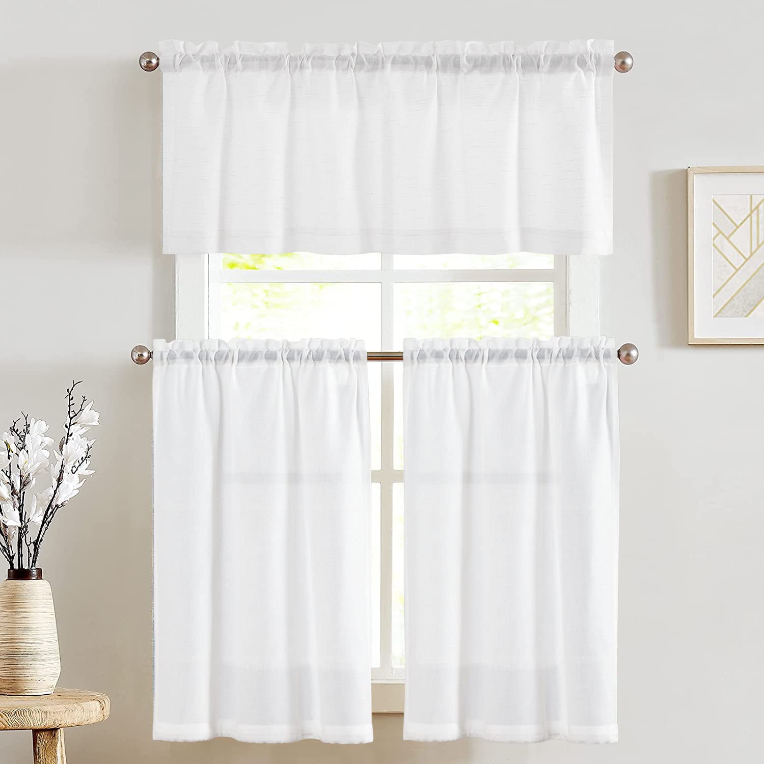 jinchan Linen Kitchen Curtains and Valance Set Tier Curtains 36 Inch Length for Cafe Living Room Bedroom Bathroom Farmhouse Rust