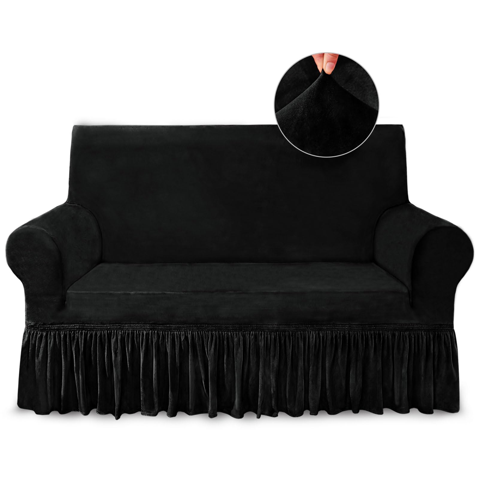 Niceec Loveseat Cover Super Soft 1-Piece Black Slipcover For Loveseats Stretch Universal Spandex Couch Covers For Living Room Easy Fit Washable Furniture Sofa Protector With Skirt