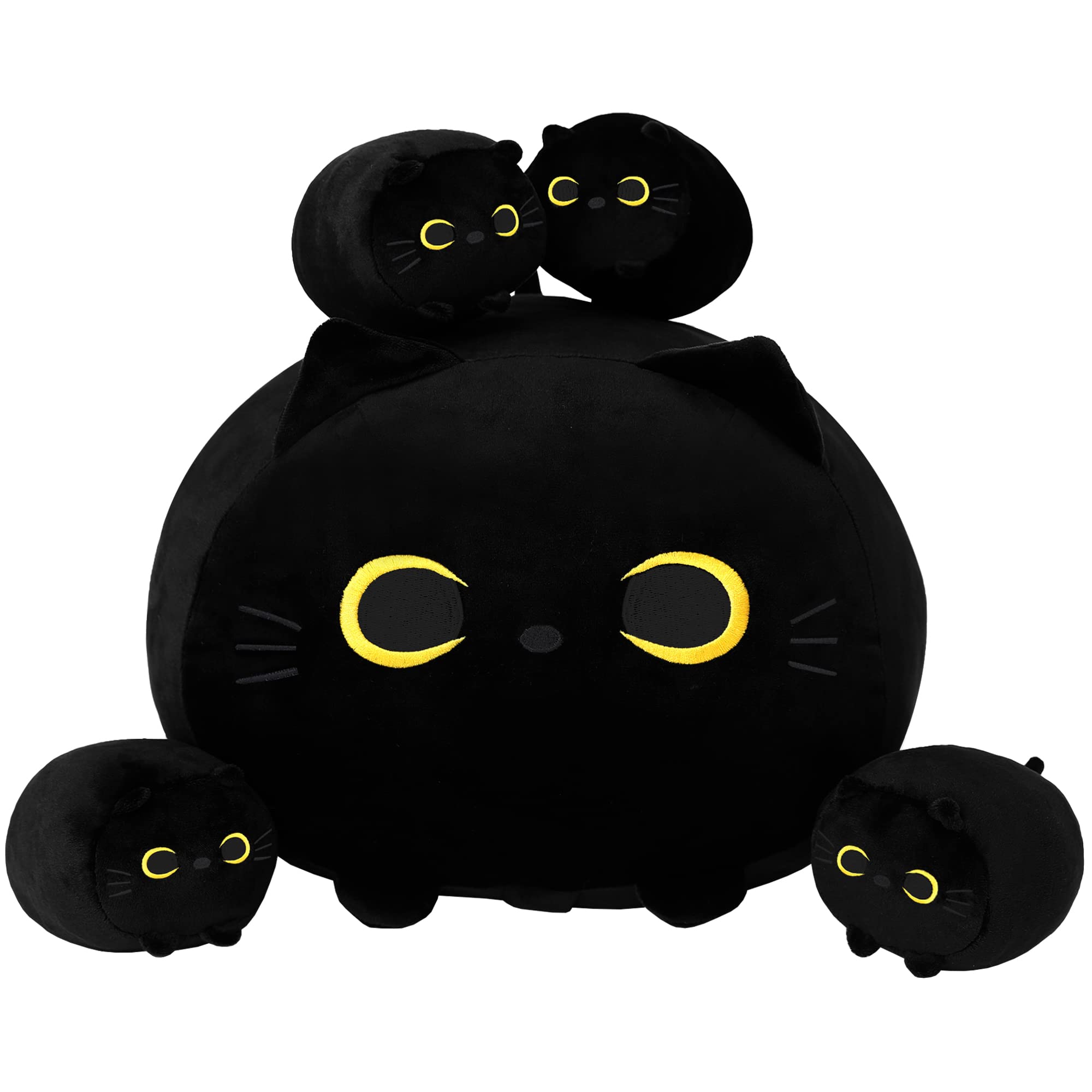 SQEQE Black Cat Plush, Black Cat Stuffed Animals Plushie with 4 Cute Babies Cat Plushies in her Tummy, Soft Black Cat Plushie Pi
