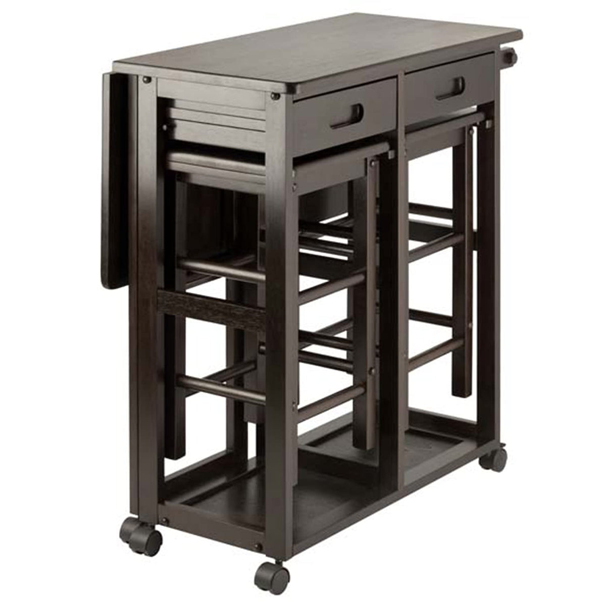 Winsome WN-23330 Suzanne 3 Piece Space Saver Foldable Compact Kitchen Island or Card Table with Extending Leaf and Stool Set for Small Spaces, Coffee