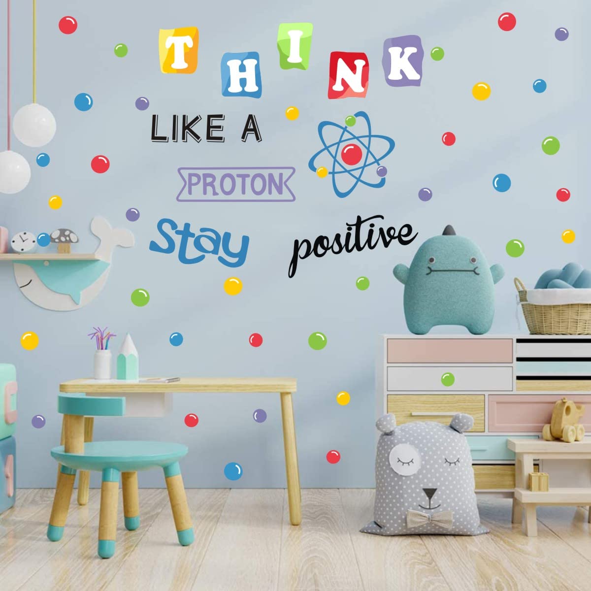 Iarttop School Wall Decal, Stay Positive Colorful Polka Dots Wall Stickers, Inspirational Quote Sticker, Chemistry Proton Wall A