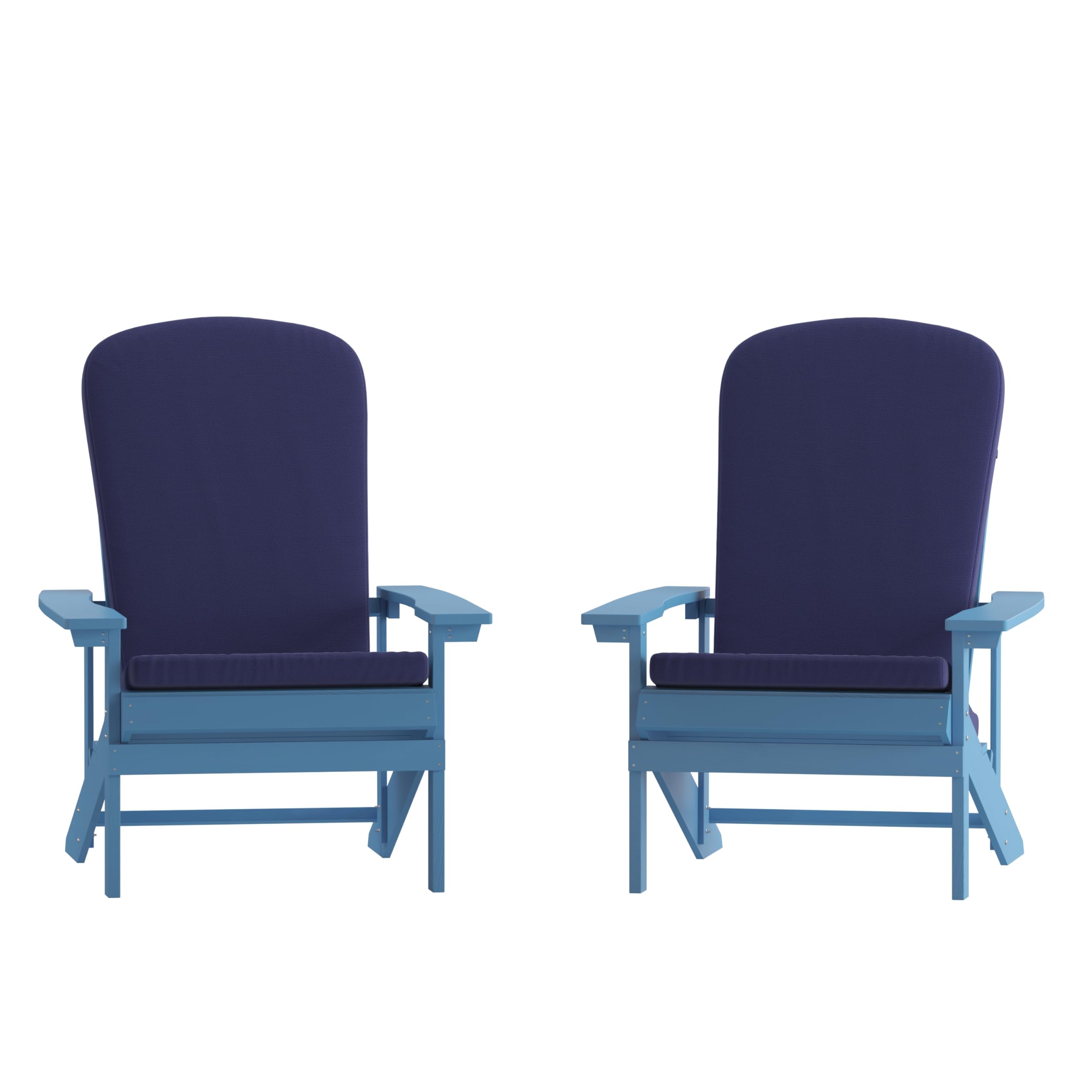 Set of 2 Adirondack Chairs in Blue with Blue Cushions for Deck, Porch, and Patio