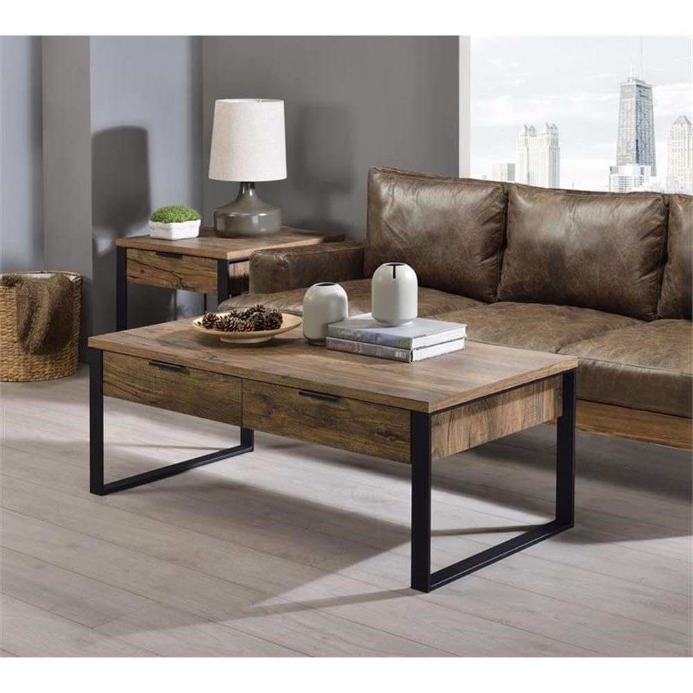 Acme Aflo Square Wooden End Table With Storage Drawer In Weathered Oak And Black