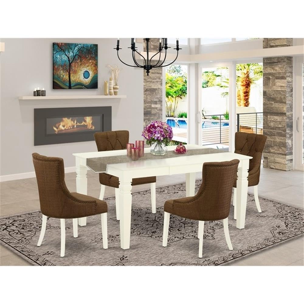 East West Furniture Wefr5-Whi-18 5 Piece Dining Table Set For 4 Includes A Rectangle Kitchen Table With Butterfly Leaf And 4 Brown Linen Linen Fabric Parson Chairs, 42X60 Inch, Linen White