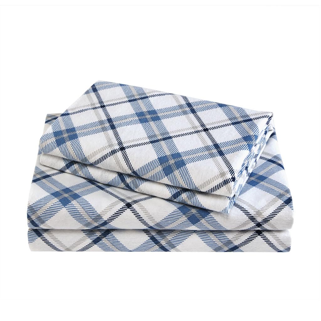 Comfort Spaces Cotton Flannel Breathable Warm Deep Pocket Sheets with Pillow Case Bedding, Cal King, Blue Plaid 4 Piece