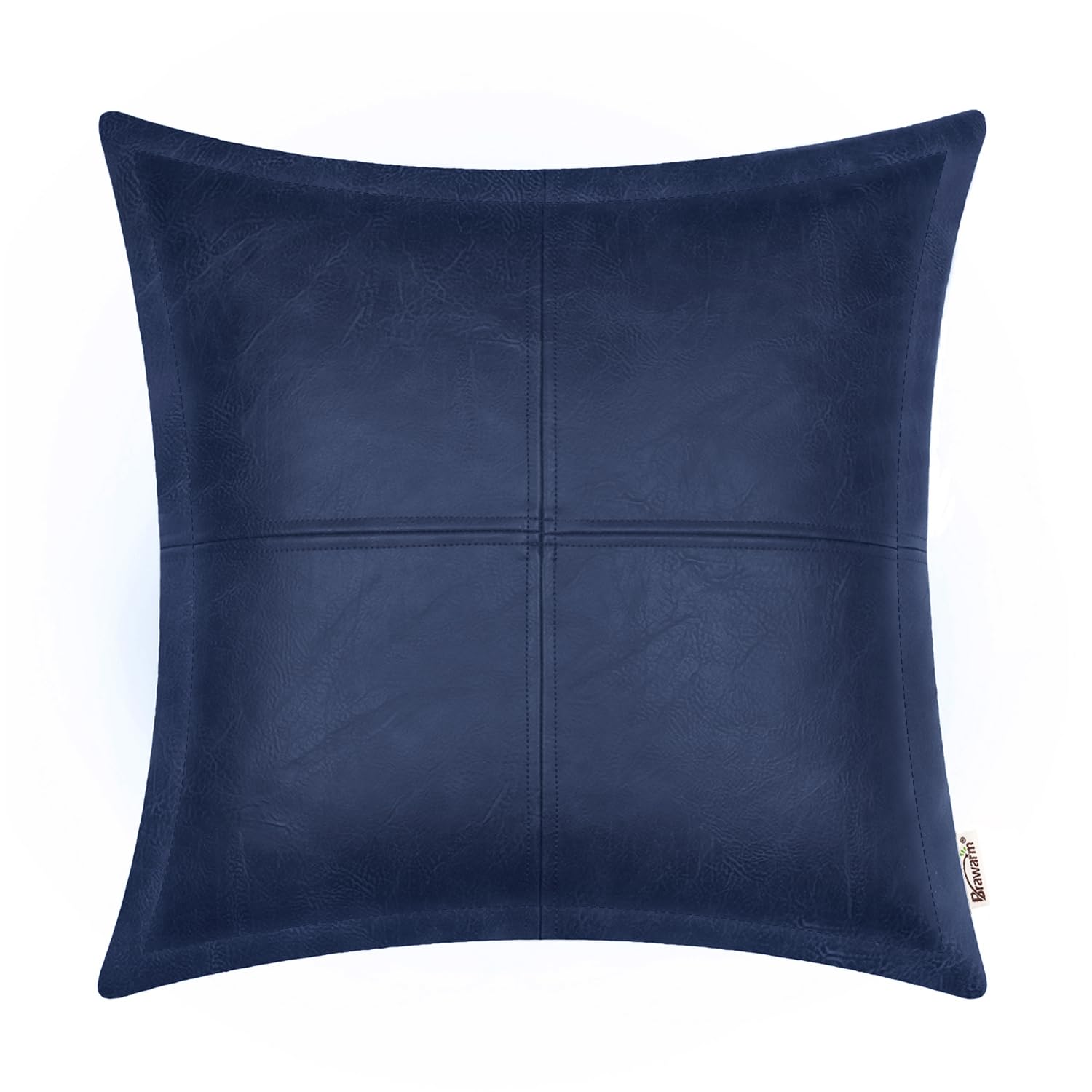 Brawarm Navy Blue Leather Throw Pillow 20 X 20 Inches, Faux Leather Pillow Cover With Piping, Hand Stitched Leather Decorative T