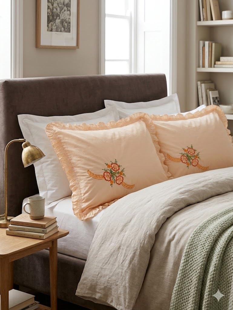 CasaNest Botanical Wave Embroidery Cushion Cover With Ruffled Edge Size17X27 Inch (Multi 11) Pack Of 2 Pc