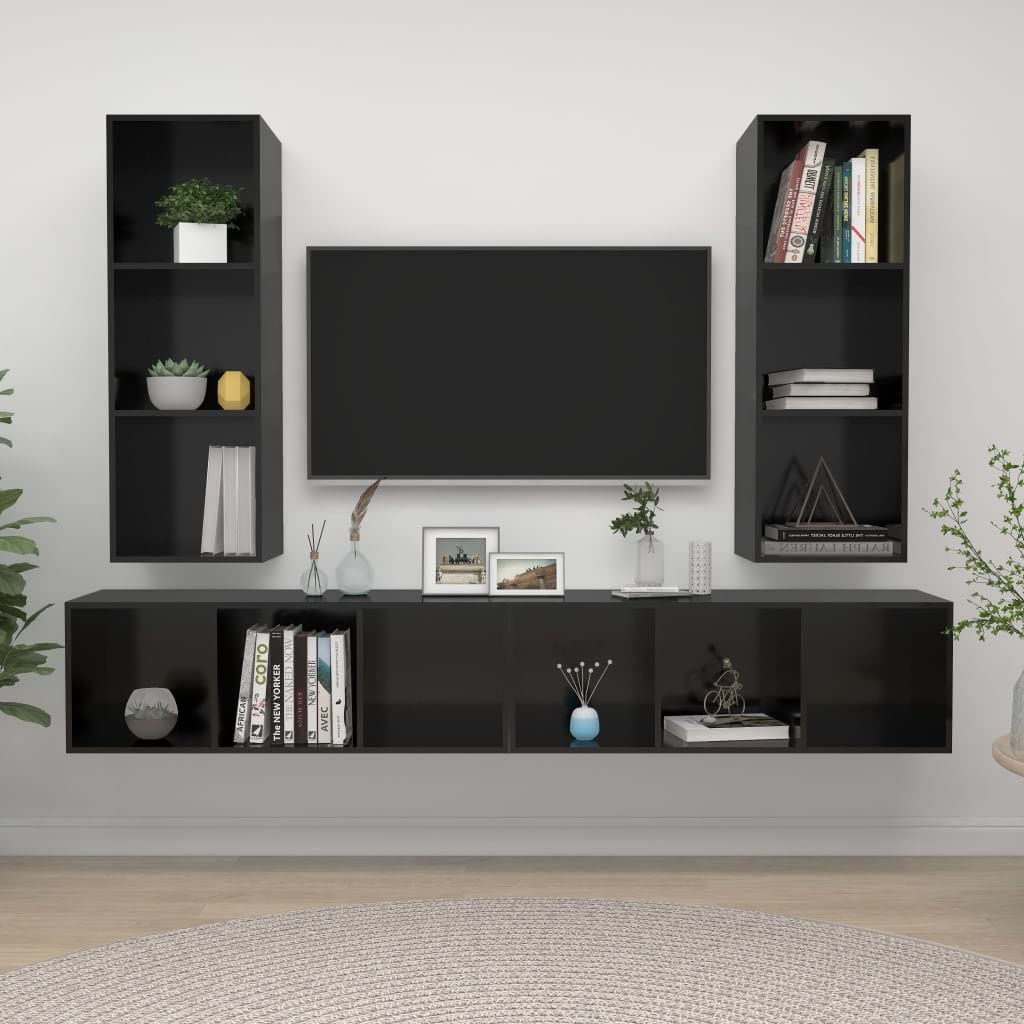 vidaXL 4X Wall-Mounted TV Cabinets Hanging Stand Unit Stereo Storage HiFi Plasma Living Room Home Furniture High Gloss Black Engineered Wood
