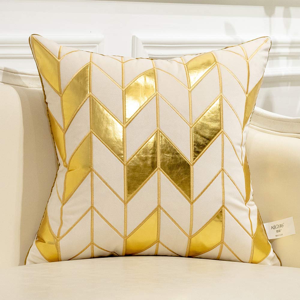 Avigers 20 X 20 Inches White Gold Leather Striped Cushion Case Luxury European Throw Pillow Cover Decorative Pillow For Couch Li