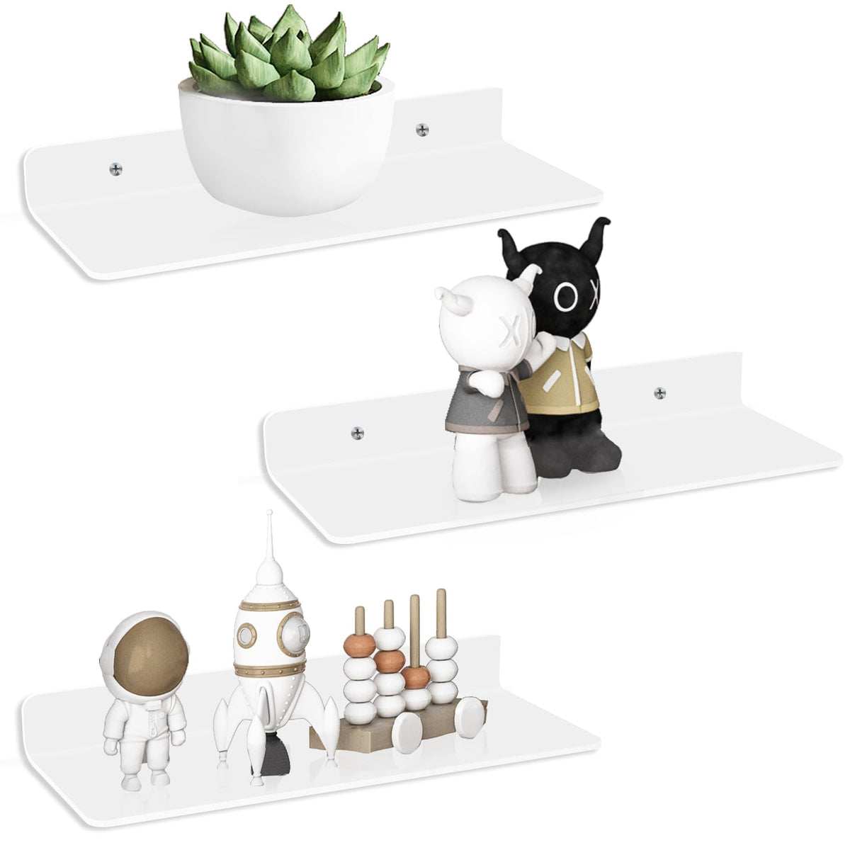 Fixwal Acrylic Floating Shelves No Drill, 9In Floating Wall Mounted Adhesive Shelf, Set Of 3 Wall Decoration & Storage Shelf For Living Room, Bathroom, Bedroom, Kitchen (Clear)