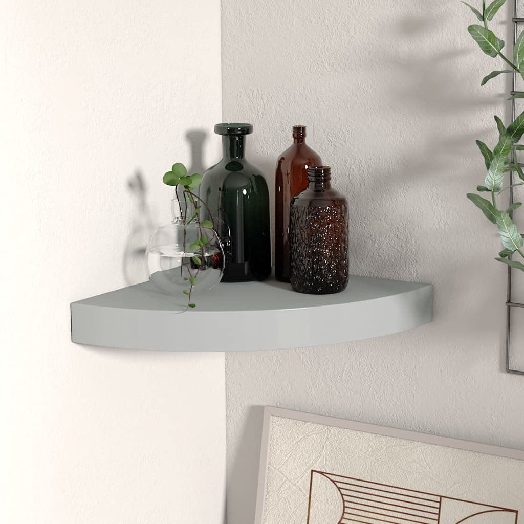 vidaXL Floating Corner Shelf, Gray, Honeycomb MDF and Metal Construction, Invisible Mounting System, Space-Saving Design - 9.8&quot;x9.8&quot;x1.5&quot;