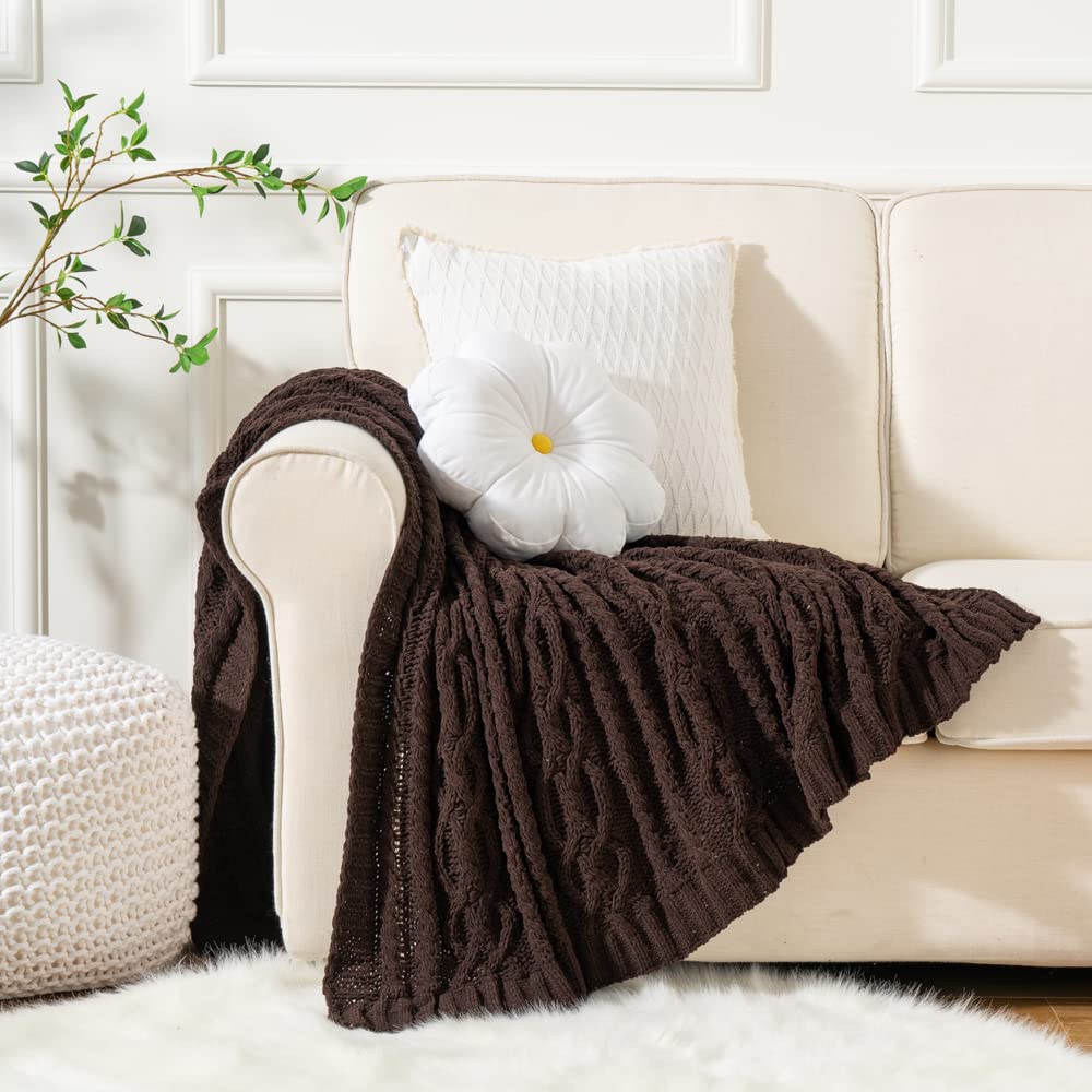 Battilo Dark Brown Throw Blanket For Couch, 51''X67'' Soft Chenille Knit Throw Blanket, Decorative Chocolate Brown Blanket For B