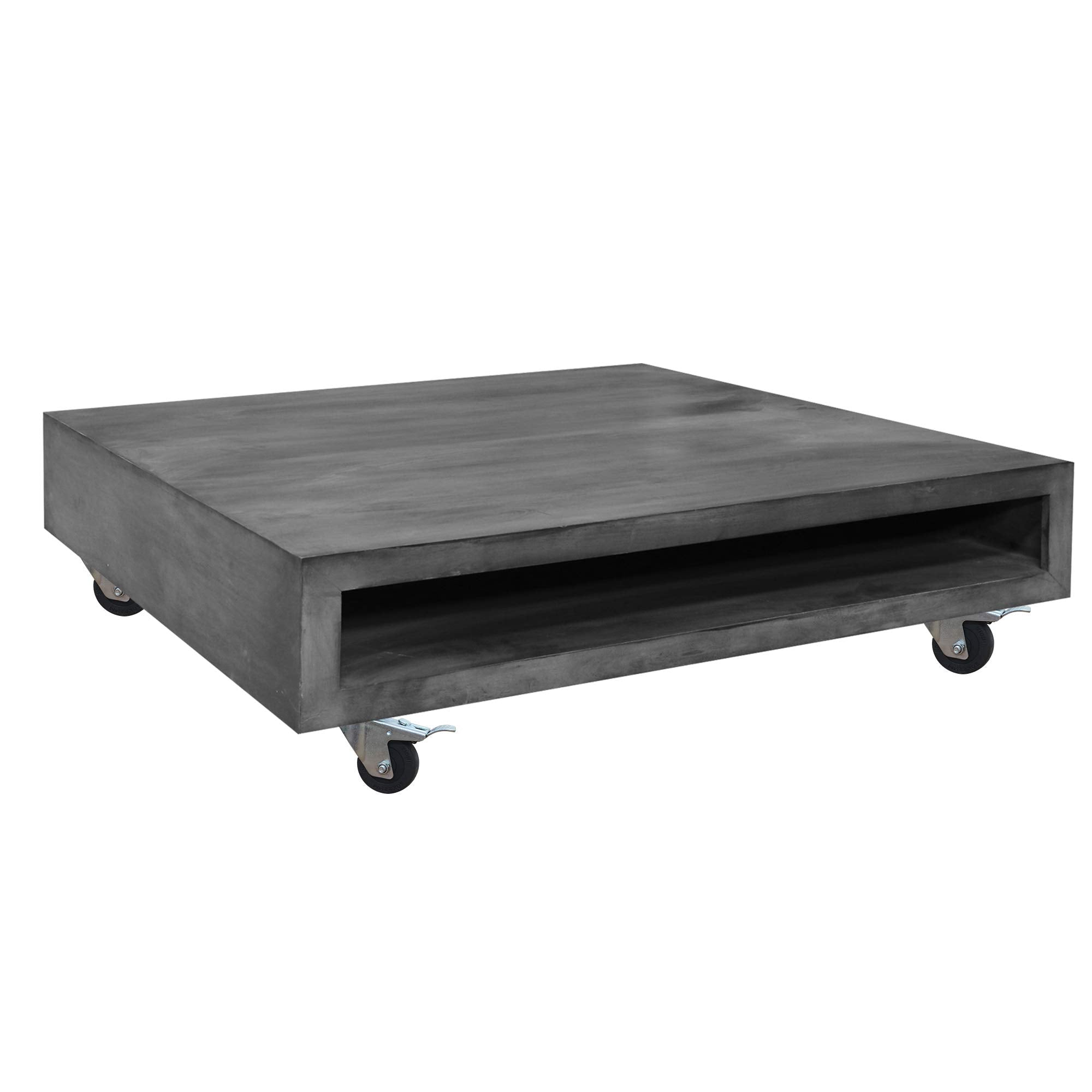 The Urban Port Square Mango Wood Coffee Table with Casters and Open Storage Compartment