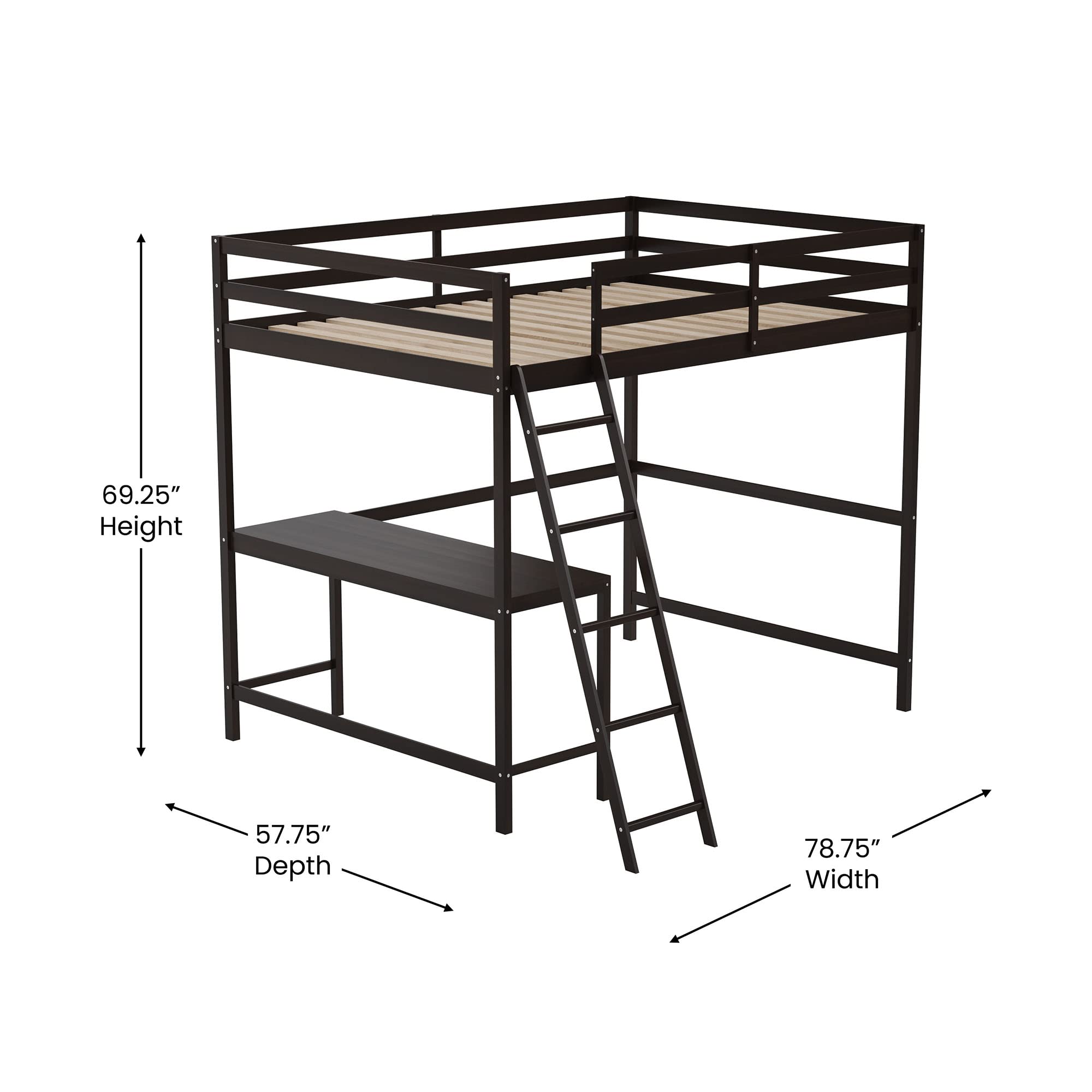 Flash Furniture Riley Loft Bed Frame with Desk - Espresso Wood Slats - Full Size - Protective Guard Rails & Ladder - Kids and Teens - Space Saving Design