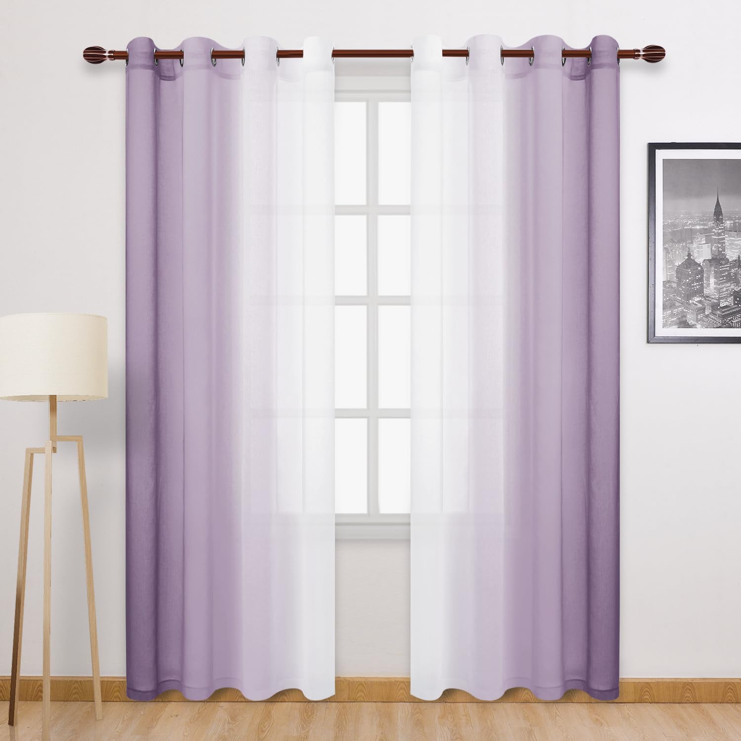 Dwcn Lavender Faux Linen Ombre Sheer Curtains - 84 Inches Long Gradient Semi Voile Curtains For Bedroom And Living Room, Set Of