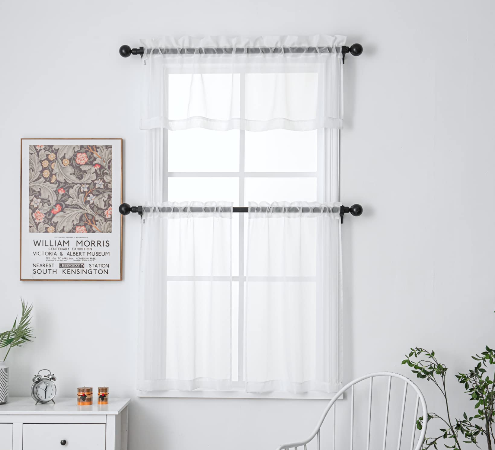Pi White Sheer Tier Curtains 36 Inch Length,Voile Café Curtains Kitchen Tiers Basement Rod Pocket 2 Panels (Optical White, W25Xl36)