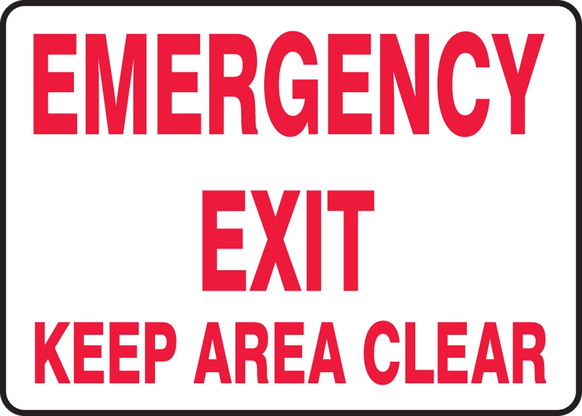 Accuform Mext554Vp Plastic Safety Sign, Emergency Exit Keep Area Clear', 7' Length X 10' Width X 0.055' Thickness, Red On Wh