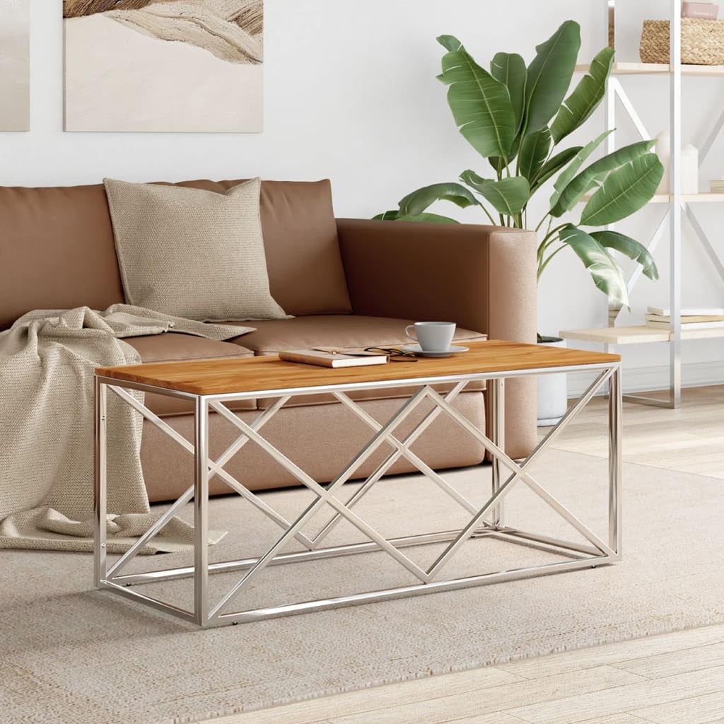 vidaXL Stainless Steel & Solid Acacia Wood Coffee Table - Modern Rectangular Side/Couch Table for Living Room