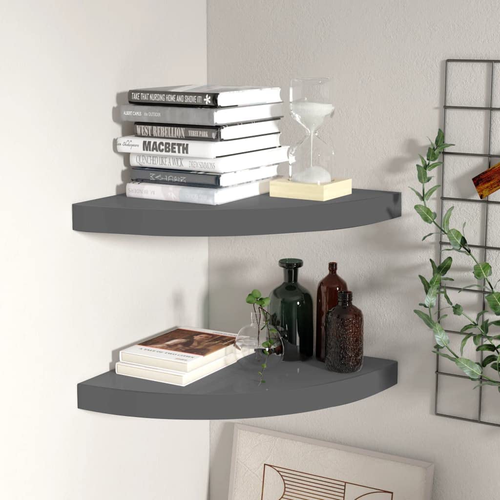 vidaXL High Gloss Corner Shelves - Set of 2 Gray Floating Shelves with Invisible Mounting System - Durable Honeycomb MDF & Metal Shelving - Modern Home and Office Decor