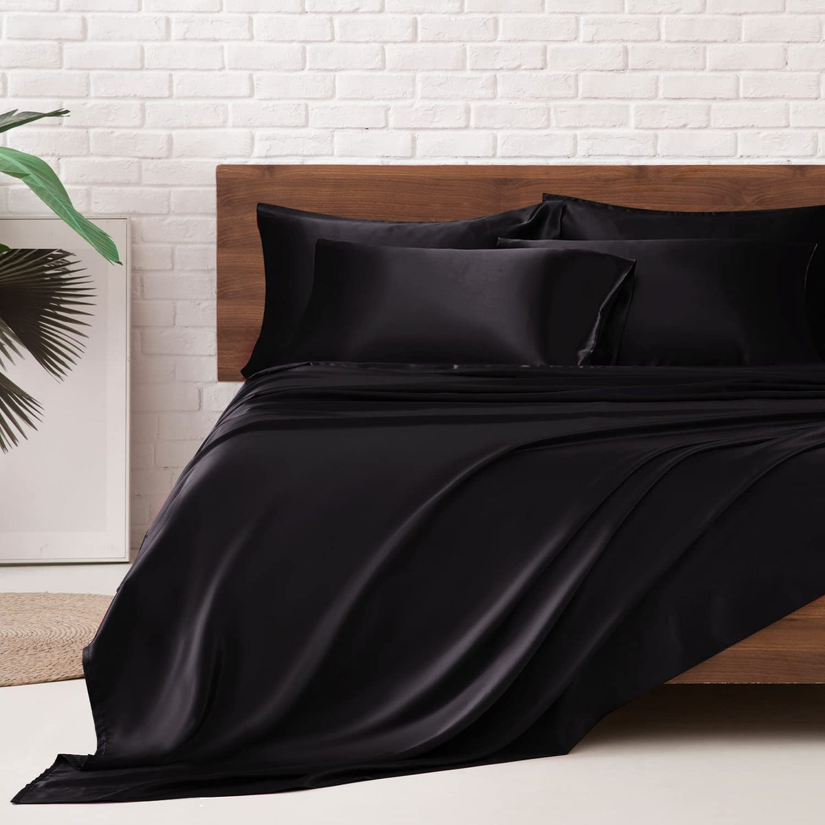 Mr&Hm Satin Bed Sheets, Full Size Sheets Set, 6 Pcs Silky Bedding Set With 15 Inches Deep Pocket For Mattress(Full, Black)